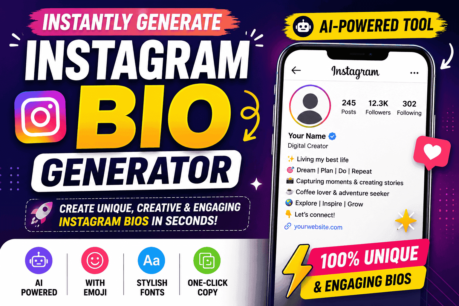 Instagram bio generator creating unique and engaging Instagram bios with AI in seconds.